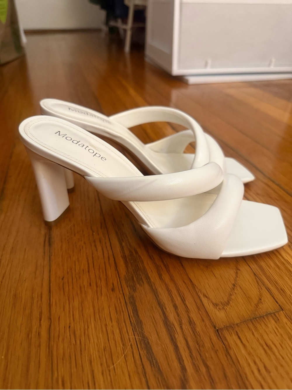 White Double-Strap Square Toe Block Heels